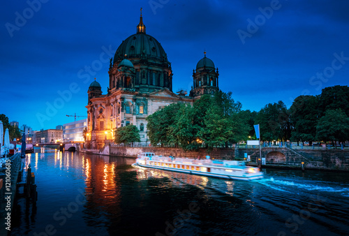Berlin Cathedral with excursion boat on Spree river, Berlin, Ger
