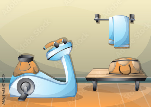 cartoon vector illustration interior fitness room with separated layers in 2d graphic