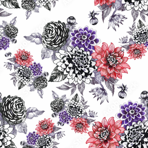 Beautiful Watercolor Summer Garden Blooming Flowers Seamless Pattern