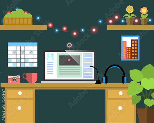 Flat workplace Web banner. Flat video blogger illustration workspace, concepts for business, management, strategy, digital marketing, finance, social network, education, training courses, e-learning