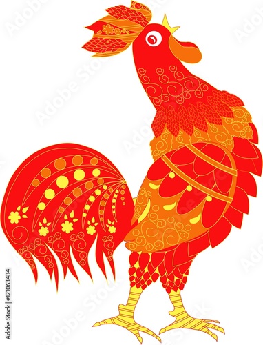 Photography Red cartoons roster with ornaments, cock crow hand drown vector illustration