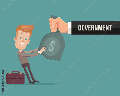 Office worker character give money government. Vector flat cartoon illustration