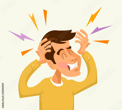 Headache man character. Vector flat cartoon illustration