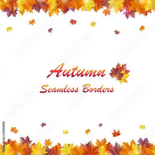 Shiny autumn background with seamless vivid maple leaves borders on white background. Vector illustration.