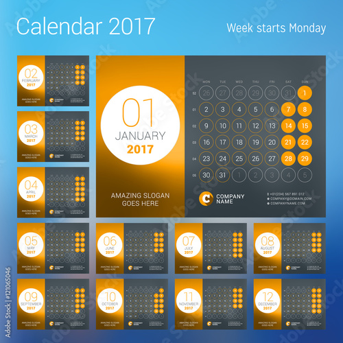 Calendar for 2017 year. Vector design print template with place for photo. Week starts Monday. Set of 12 calendar pages. Stationery design