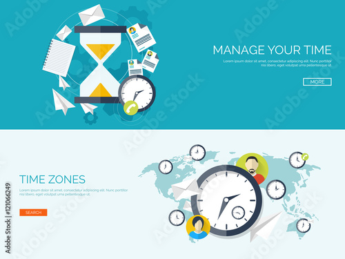 Vector illustration. Clock flat icon. World time concept. Business background. Internet marketing. Daily infographic.