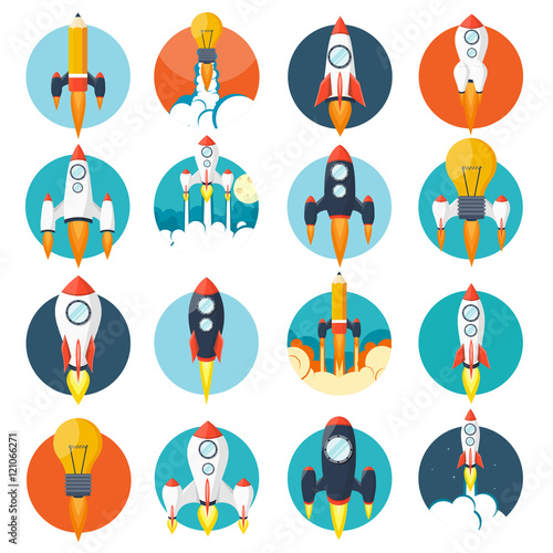 Rocket ship in a flat style.Vector illustration with 3d flying rocket.Space travel to the moon.Space rocket launch.Project start up and development process.Innovation product,creative idea.Management.