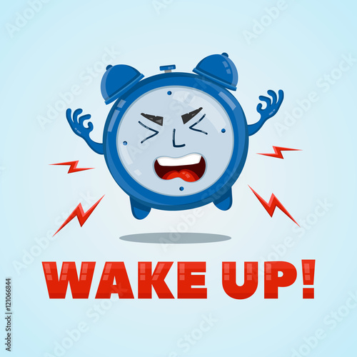 Angry alarm clock flat character illustration. Wake-up time concept