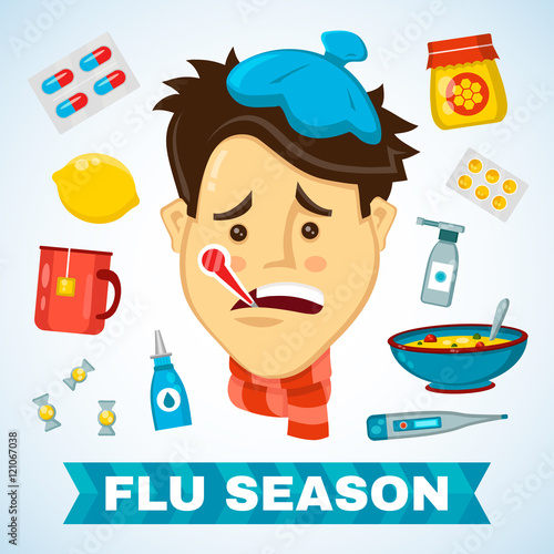 Sick man with thermometer in his mouth vector flat illustration character. Flat icon set of cold and flu season items