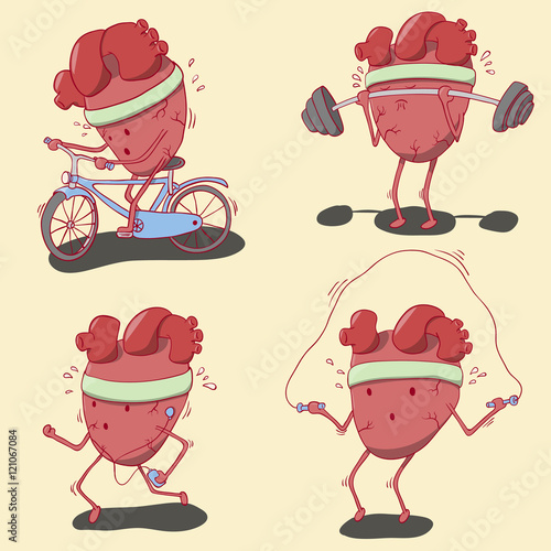 hearts character fitness set. Heart rides a bicycle, lifting weights, jumping rope and running
