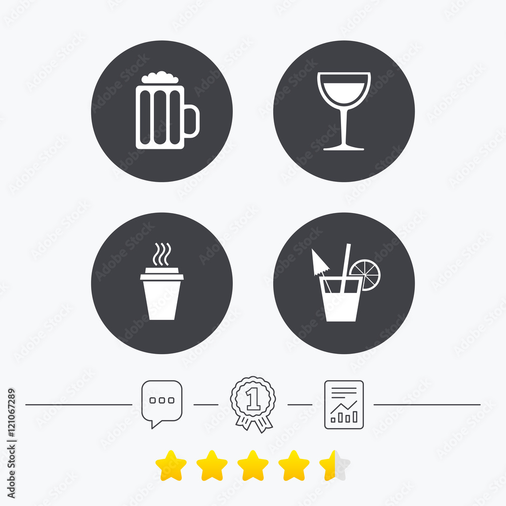 Drinks signs. Coffee cup, glass of beer icons. Drinks signs. Coffee cup, glass of beer icons.