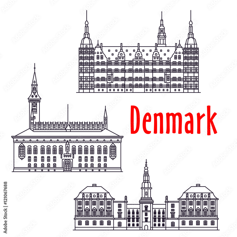 Symbolic travel sights of Denmark thin line icon