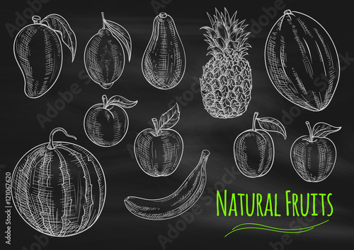 Natural fresh fruits chalk sketch on chalkboard