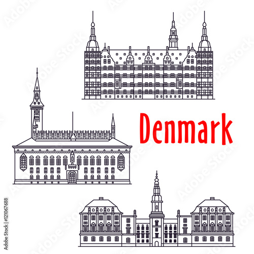 Symbolic travel sights of Denmark thin line icon