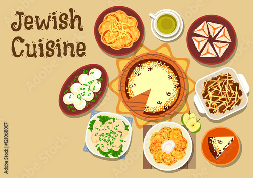 Jewish cuisine dinner menu with dessert icon