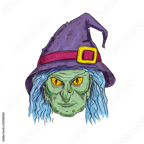 Witch head in sorcerer hat sketch icon