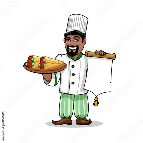 Arabian restaurant Chef with menu and pita kebab