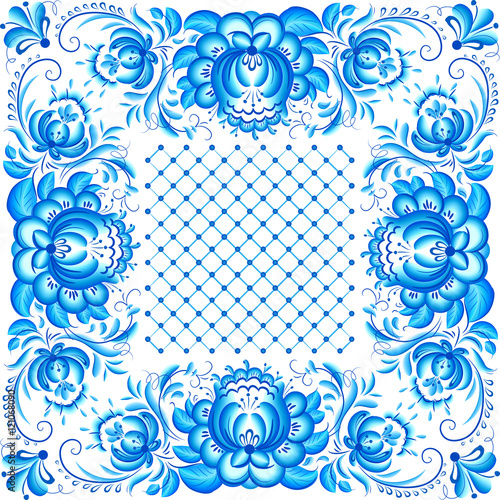 Ornate vector floral frame in style Gzhel