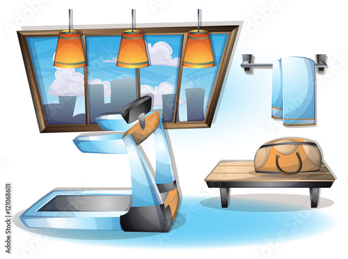 cartoon vector illustration interior fitness room with separated layers in 2d graphic