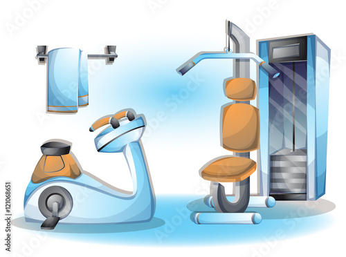 cartoon vector illustration interior fitness room with separated layers in 2d graphic