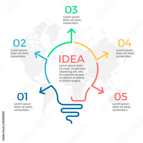 Light bulb infographic. Idea chart with 5 steps, parts.