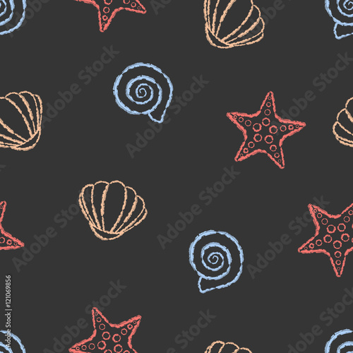 Seamless pattern hand drawn brush line chalk color starfish and shell on black background