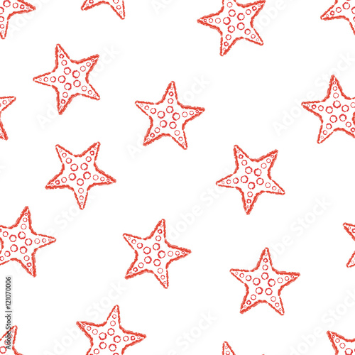 Seamless pattern hand drawn brush line chalk color starfish on white background