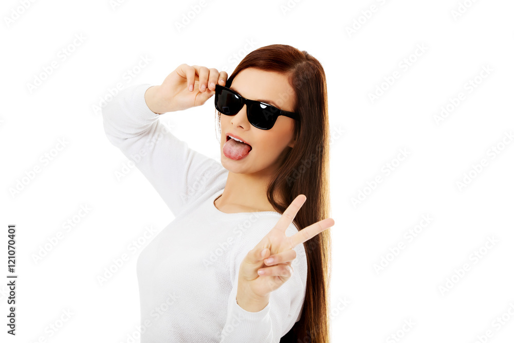 Happy brunette woman in sunglasses. Happy brunette woman in sunglasses.