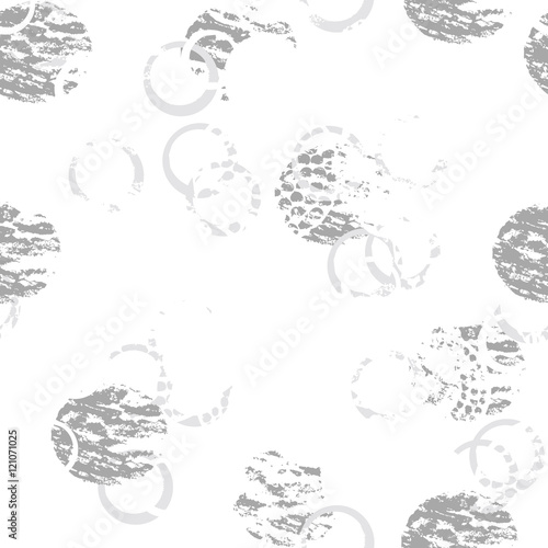 Black and white grunge abstract seamless pattern with circles rings different brush strokes and shapes. Infinity textured circles background. Vector illustration.