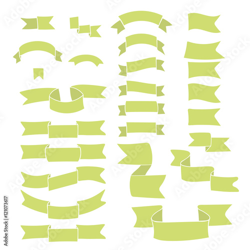 Green ribbons, big set of hand drawn design elements: flag, banner, label, mark isolated on white. Cartoon ribbon with empty space for title writing. Collection of cartoon ribbons. Vector.