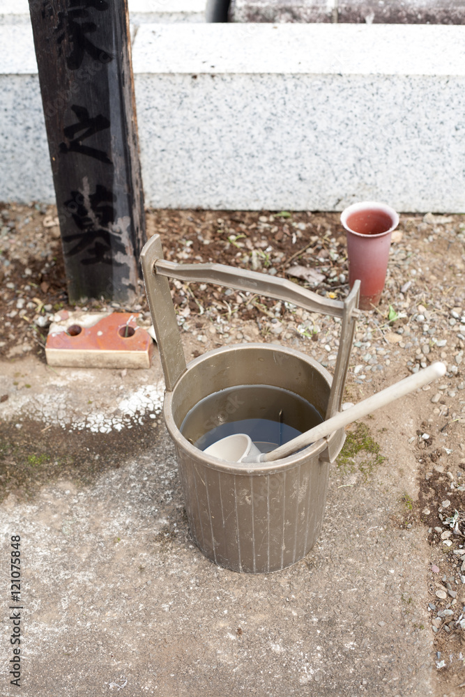 Japanese religious bucket and ladle for purifying at grave yard Japanese religious bucket and ladle for purifying at grave yard