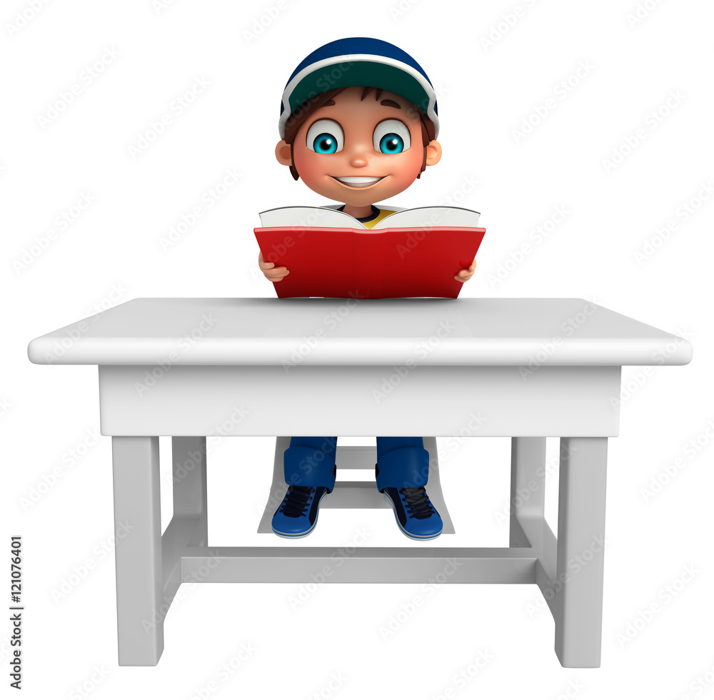 Fototapeta premium Kid boy with Table chair and book