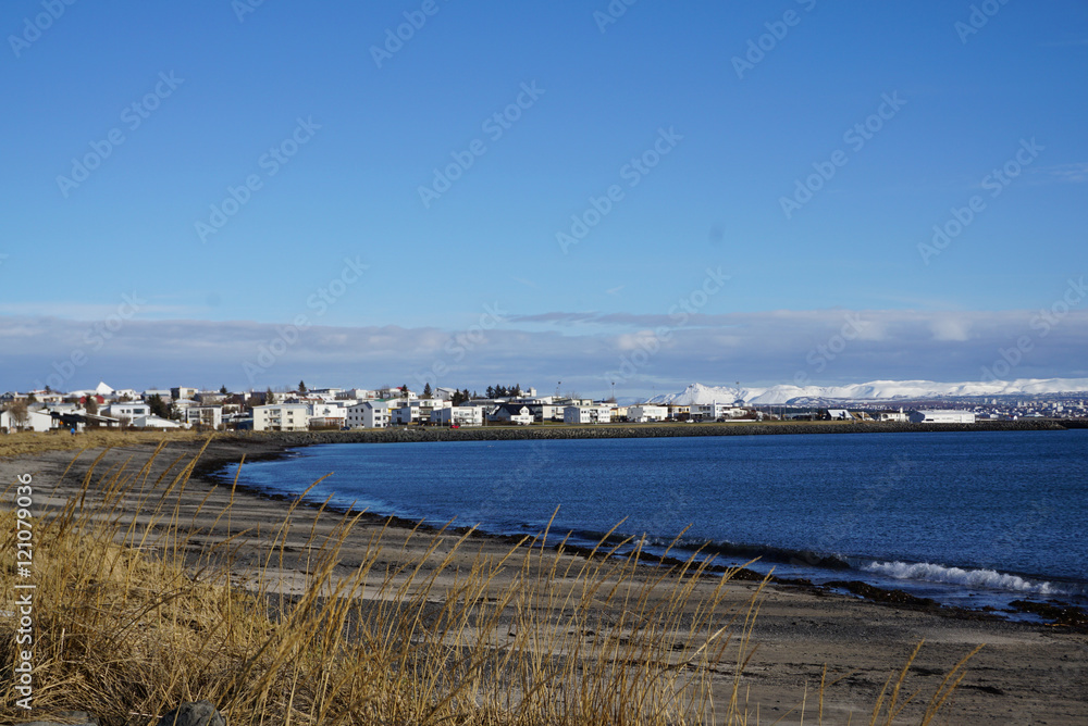Beautiful coast with snow mountain background at Reykjavik City