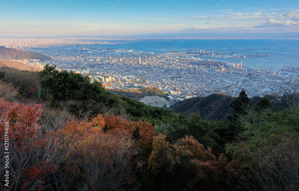 View of several Japanese cities in the Kansai region from Mt. Maya