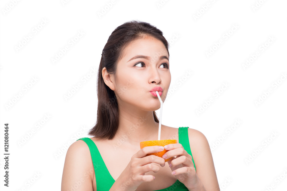 Beautiful asian girl with juice, isolated on white Beautiful asian girl with juice, isolated on white