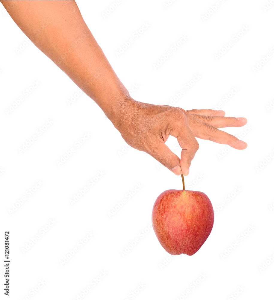 Men hand holding red apple isolated on white Men hand holding red apple isolated on white