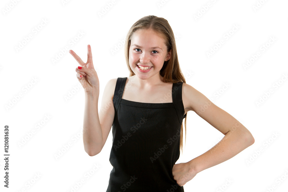 A joyful girl is showing finger sign: A joyful girl is showing finger sign: