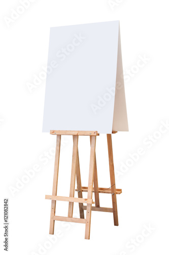wooden easel with blank board isolated on white background