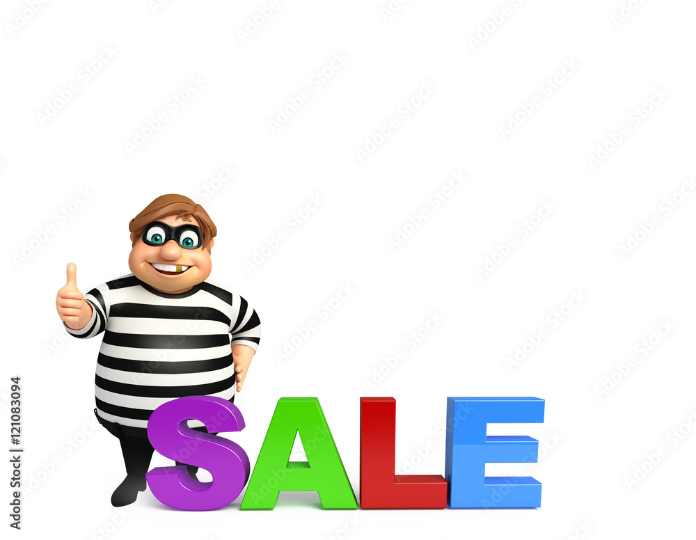 illustration of cartoon thief with sale sign