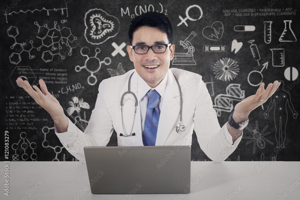 Physician with laptop and scribble Physician with laptop and scribble