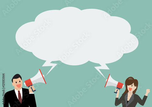 Businessman and woman holding a megaphone with bubble word