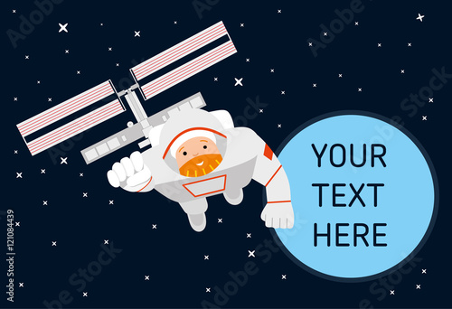 Flying astronaut in the pose of a superhero, flat illustration
