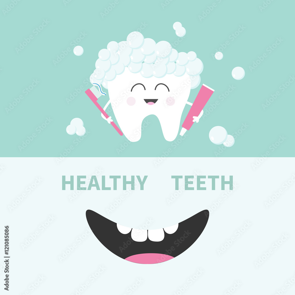 Tooth holding toothpaste and toothbrush. Bubbles foam. Smiling mouth. Banner set. Cute cartoon character. Children teeth care icon. Oral dental hygiene Tooth health. Baby background Flat design Tooth holding toothpaste and toothbrush. Bubbles foam. Smiling mouth. Banner set. Cute cartoon character. Children teeth care icon. Oral dental hygiene Tooth health. Baby background Flat design