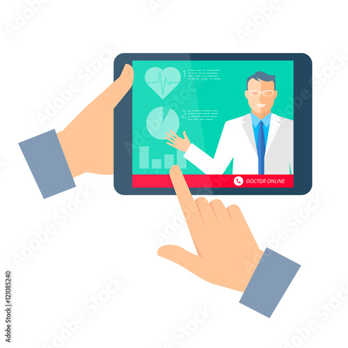 Hand holding a tablet computer with doctor online.