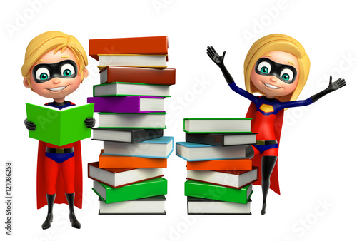 superboy and supergirl with Book stack photo