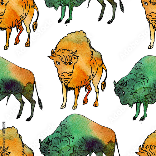 Watercolor colorful seamless background. Ink illustration.Wild animals.Bizons. Buffalo. Hand drawn pattern. Native american indians theme. photo