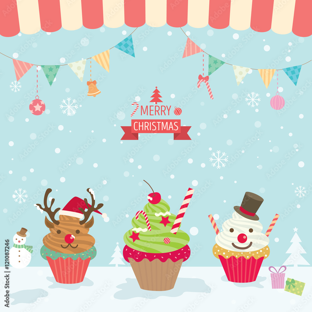 Illustration vector of merry christmas element cupcake for bakery cafe poster party with snow background. Illustration vector of merry christmas element cupcake for bakery cafe poster party with snow background.