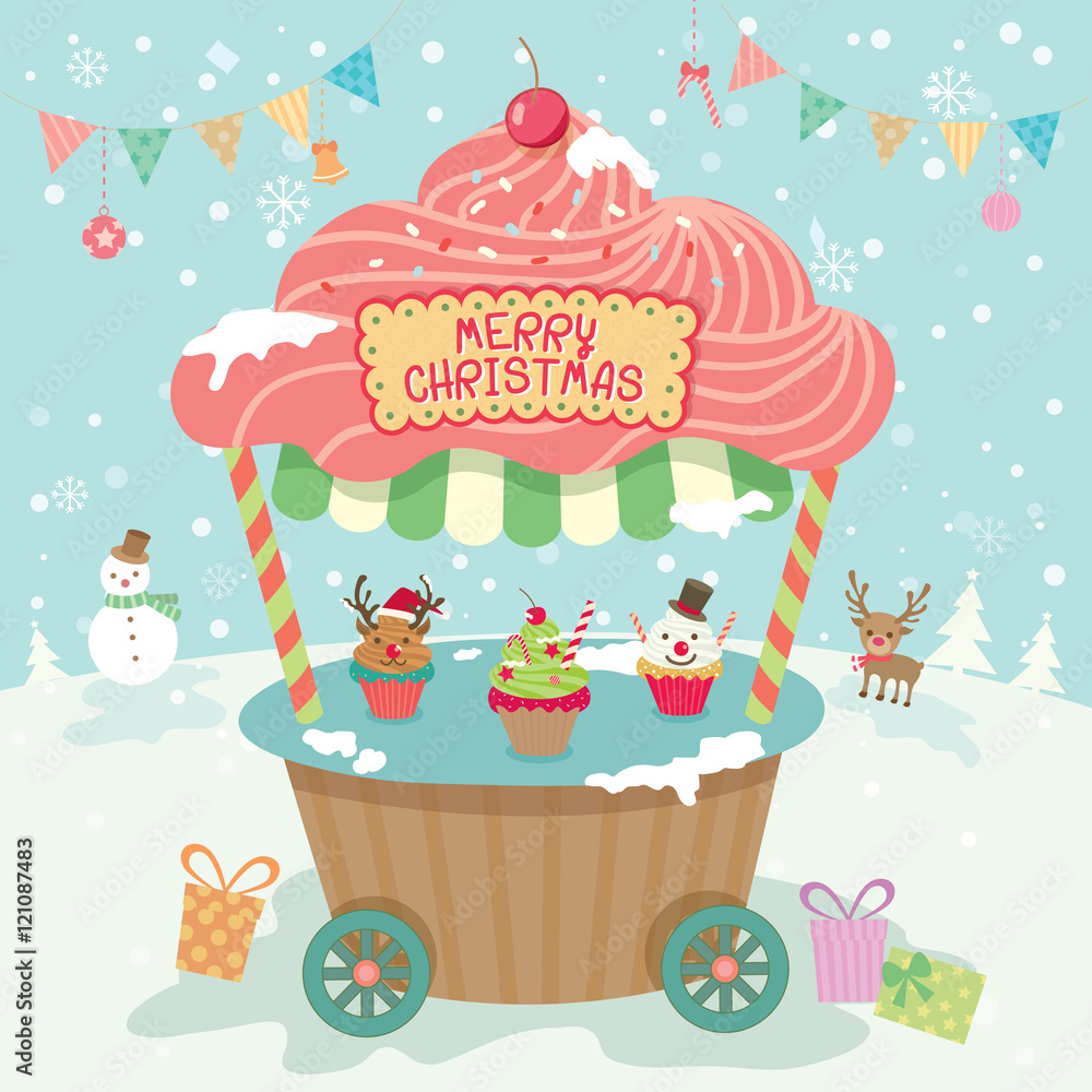 Fototapeta premium Illustration vector of merry christmas cupcake push cart booth kiosk with ornament on snow background party.Pastel color cute style.
