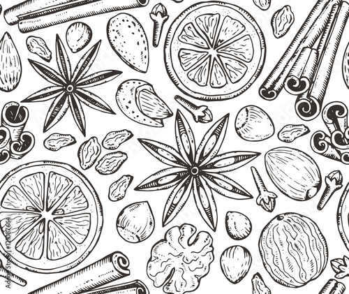 Seamless pattern with Christmas spices and citrus