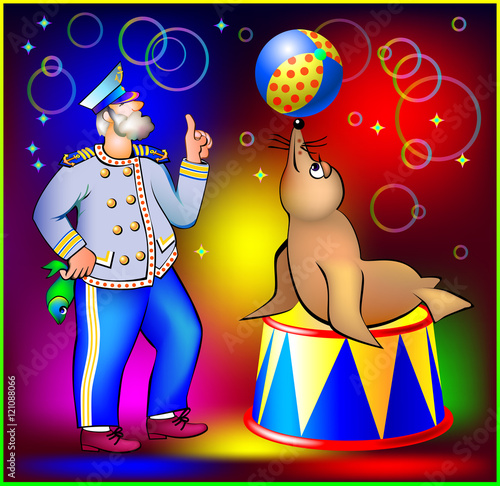 Old sailor training seal to juggle ball, vector cartoon image.